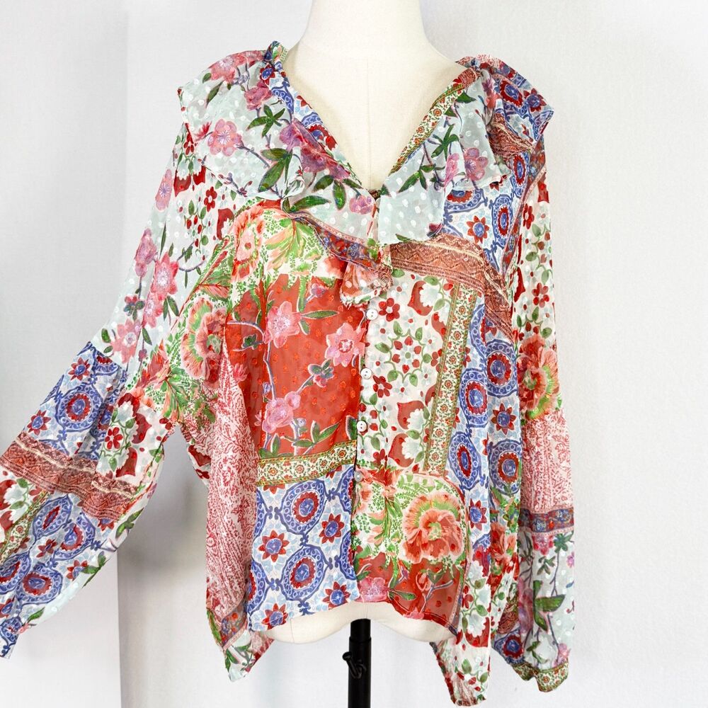 ZARA | Patchwork Jacquard Floral Print Chiffon Ruffle | Sz M